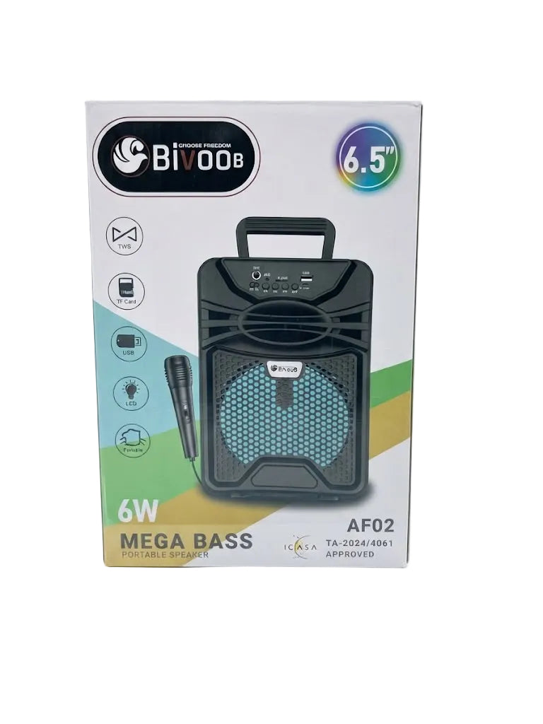 Bivoo AF02 6W Megabass portable speaker package on a white background. The box features a black speaker illustration with a blue mesh grille, a microphone, and colorful accents of teal and green.
