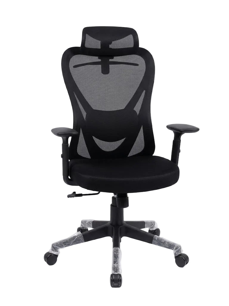 A black mesh ergonomic office chair with a high back, padded armrests, and a five-star wheeled base, photographed against a plain white studio background.