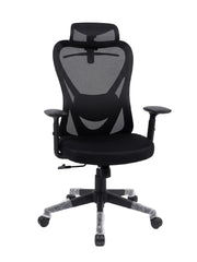 A black mesh ergonomic office chair with a high back, padded armrests, and a five-star wheeled base, photographed against a plain white studio background.