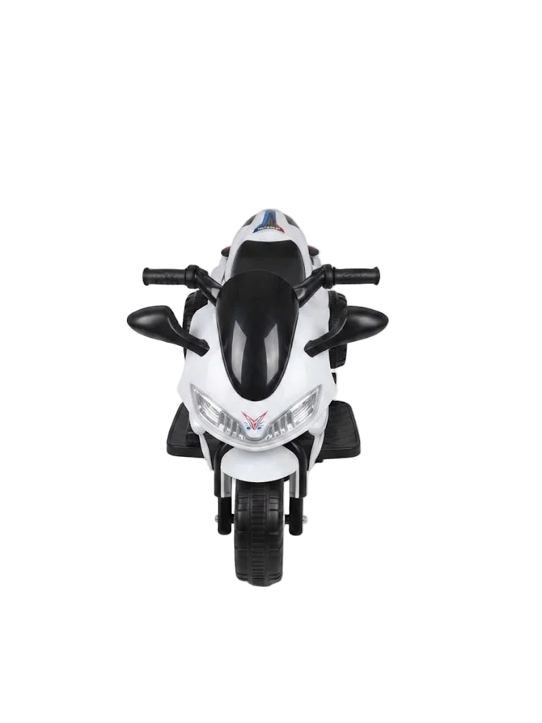 A white and black toy motorcycle with a glossy black windscreen and mirrors, photographed from a front-facing perspective on a clean white background.