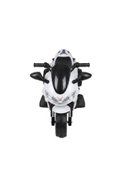 A white and black toy motorcycle with a glossy black windscreen and mirrors, photographed from a front-facing perspective on a clean white background.