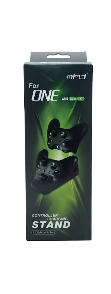 Two retail boxes for a Mind controller charging stand side by side on a white background. The left box is black with green graphics for the 'For ONE' model, and the right box is blue for the 'For P4' model.