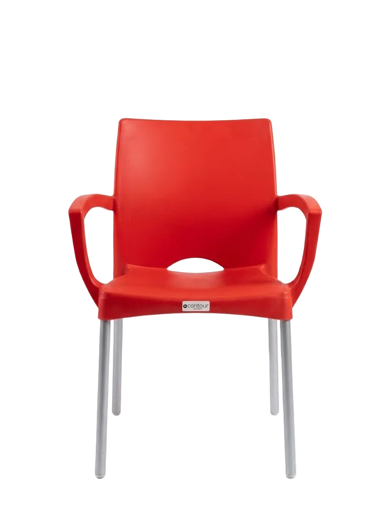 A modern red plastic dining chair with integrated armrests and slim silver metal legs, shown against a plain white background.