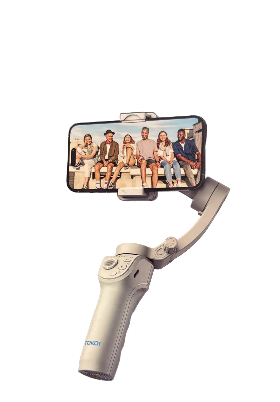 TOKQI M01 3-Axis Global Stabilizer retail packaging box, featuring a large graphic of the white handheld gimbal with a smartphone attached, set against a black background with blue circular accents.