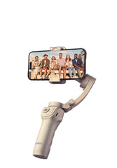 TOKQI M01 3-Axis Global Stabilizer retail packaging box, featuring a large graphic of the white handheld gimbal with a smartphone attached, set against a black background with blue circular accents.