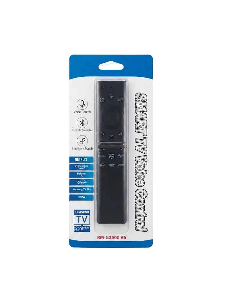 Samsung RM-G2500 TV remote control in its original retail blister packaging, featuring a black remote with touch controls and a blue-and-white cardboard backing.