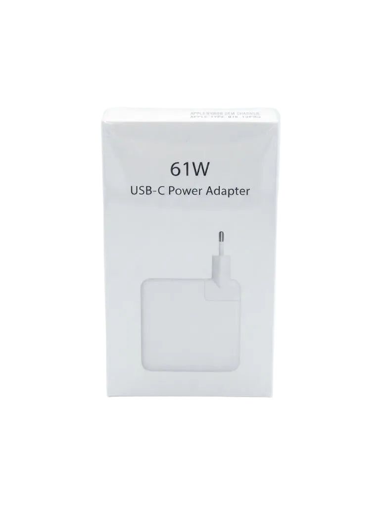 A white rectangular box for a 61W USB-C power adapter, shown against a clean white background. The box features black text reading '61W USB-C Power Adapter' and a simple illustration of the adapter.