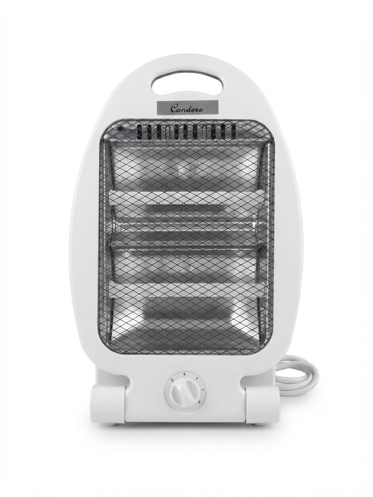 A white portable electric heater with a front mesh guard, a top handle, and a dial control on the front, shown on a white background.