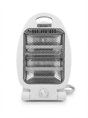 A white portable electric heater with a front mesh guard, a top handle, and a dial control on the front, shown on a white background.