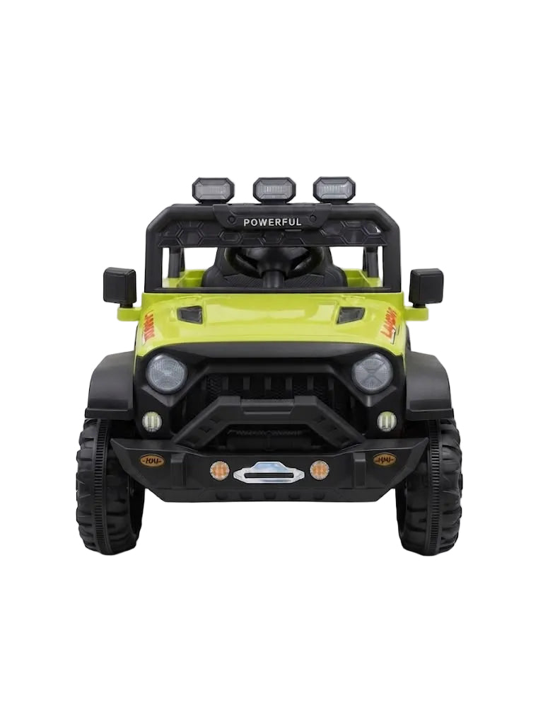 A children's ride-on toy jeep in lime green and black, photographed from the front on a clean white background.