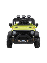 A children's ride-on toy jeep in lime green and black, photographed from the front on a clean white background.