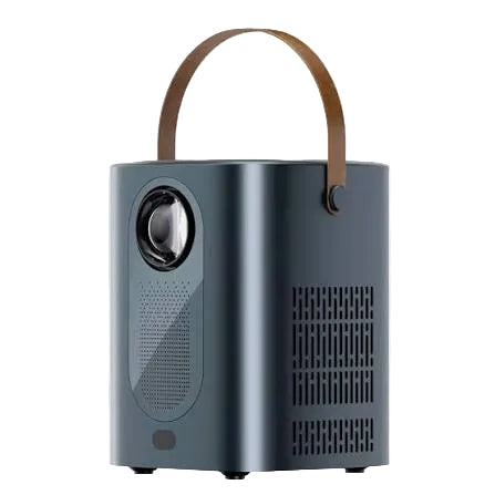 A portable projector in a dark slate gray finish with a brown leather carry handle, shown against a plain light gray background.
