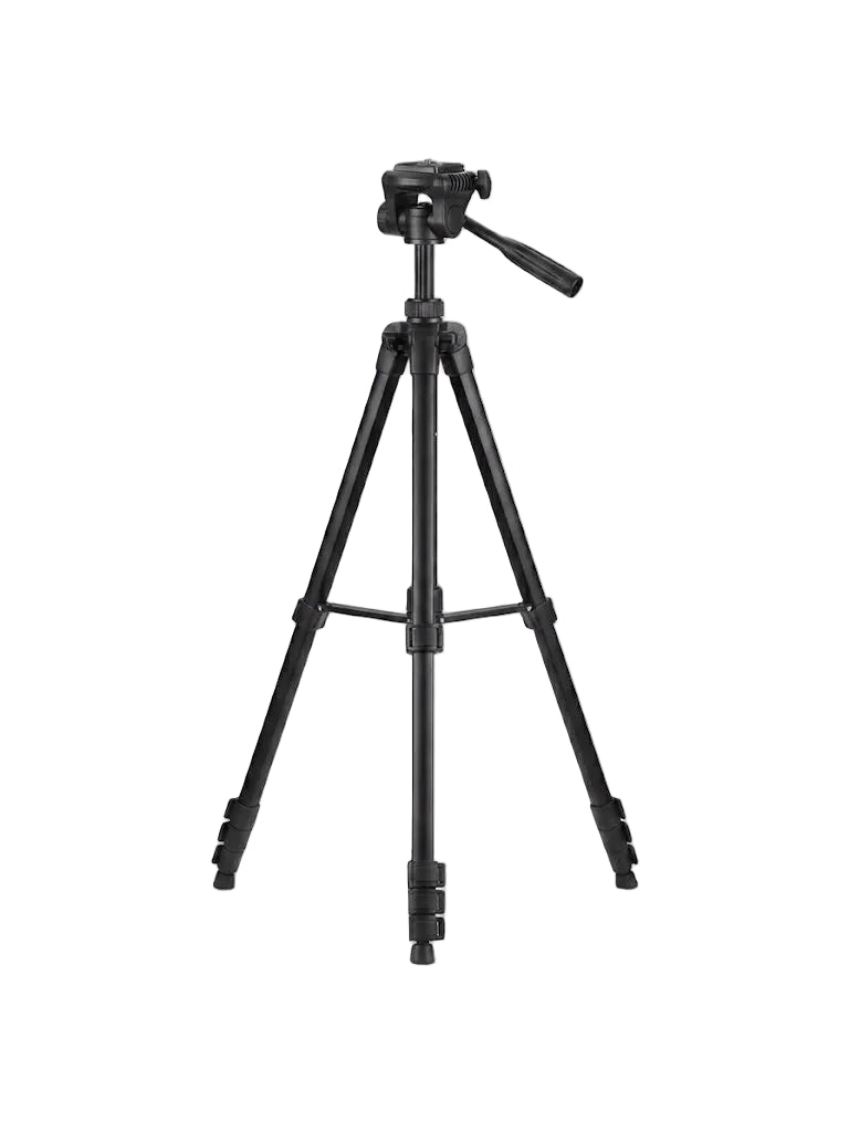 A black tripod with a fluid head and leg segments, shown from the front on a clean white background.