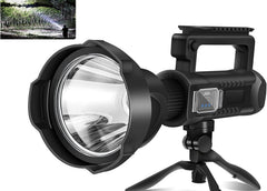Black flashlight with tripod attachment and additional attachments on a white background