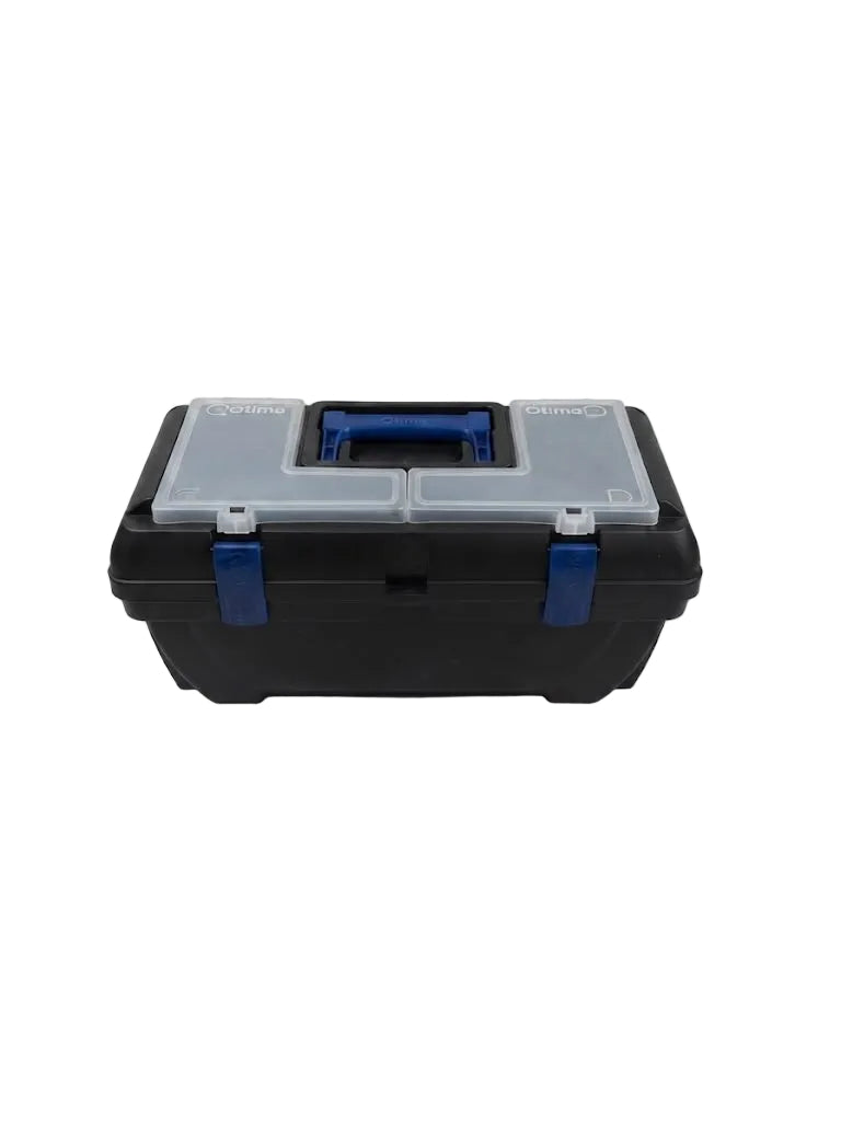 A black plastic tool box with a clear lid and blue latches, photographed from the front on a white background.